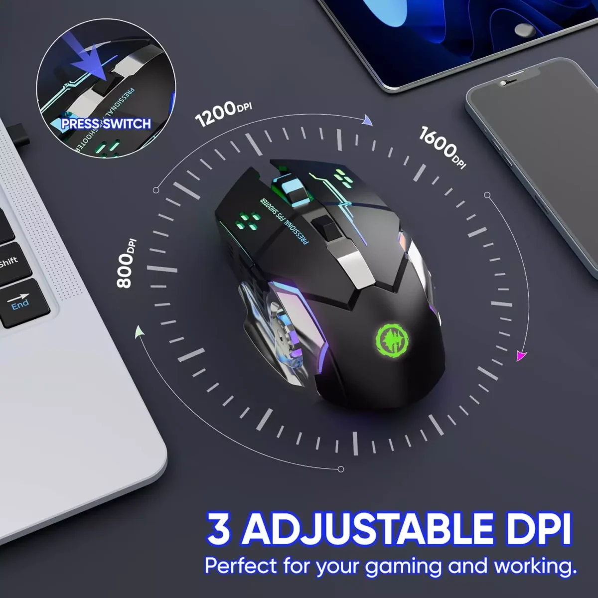 T2 Wireless Gaming Mouse, Silent Clicks, 1600 DPI