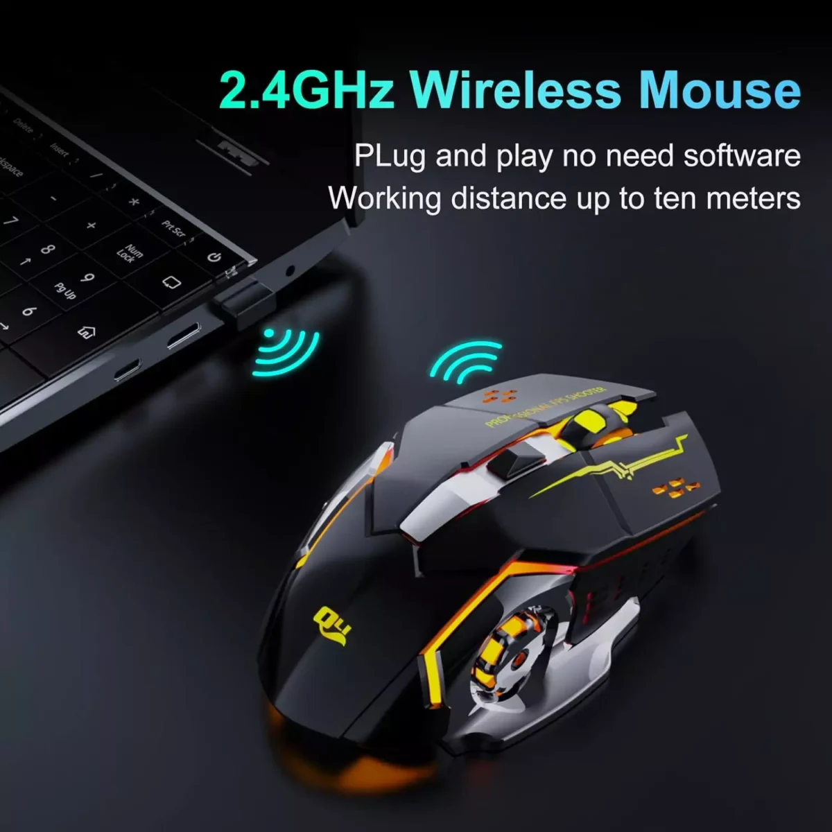 T2 Wireless Gaming Mouse, Silent Clicks, 1600 DPI