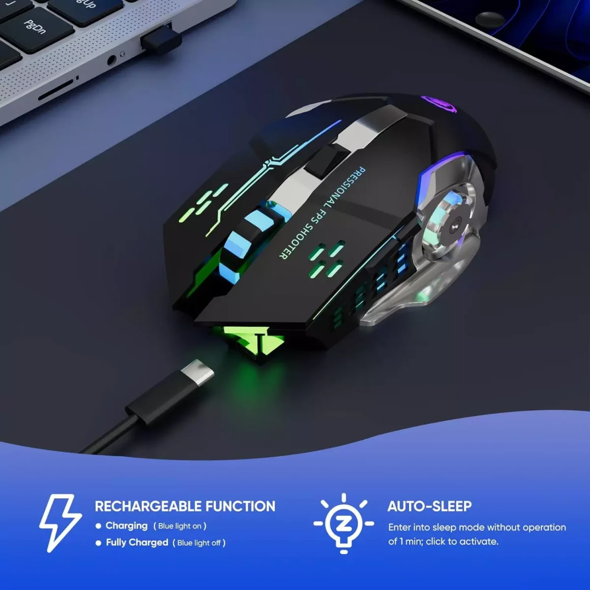 T2 Wireless Gaming Mouse, Silent Clicks, 1600 DPI