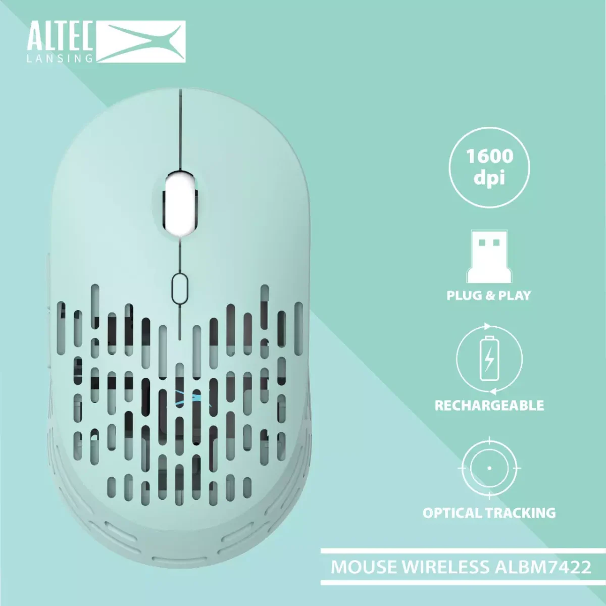 Altec Lansing ALBM7422 Wireless Rechargable Mouse - Optical Sensor 1600 DPI - 6 Buttons
