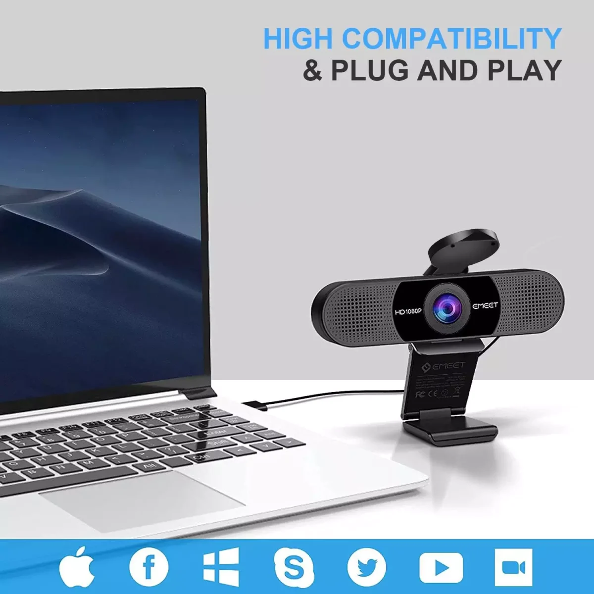 EMEET C960 1080P Webcam with 2 Noise Reduction Microphone, 90°FOV, with Privacy Cover