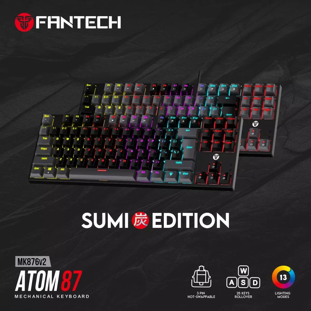 FANTECH ATOM MK876 V2 TKL RGB Mechanical Gaming Keyboard - Hot-Swappable BLUE Switch (Black)