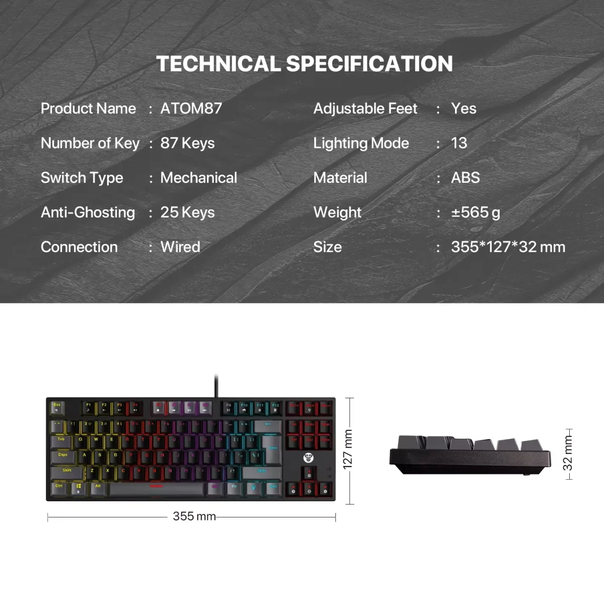 FANTECH ATOM MK876 V2 TKL RGB Mechanical Gaming Keyboard - Hot-Swappable BLUE Switch (Black)