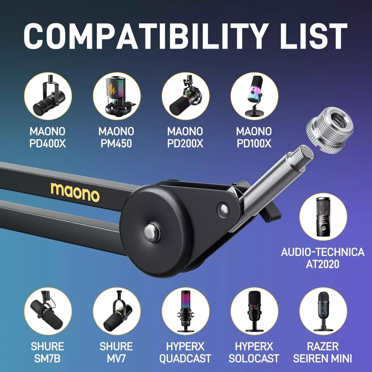 MAONO BA37 Microphone Boom Arm Heavy Duty Adjustable Metal Suspension Upgraded Desk Clamp and 3/8" to 5/8" Screw Adapter