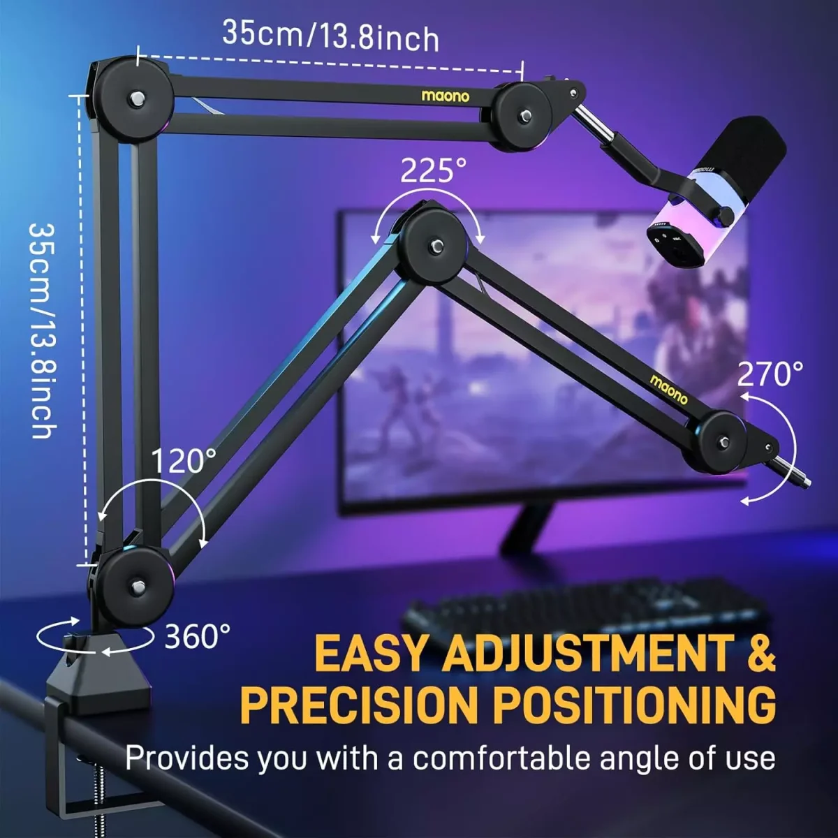MAONO BA37 Microphone Boom Arm Heavy Duty Adjustable Metal Suspension Upgraded Desk Clamp and 3/8" to 5/8" Screw Adapter