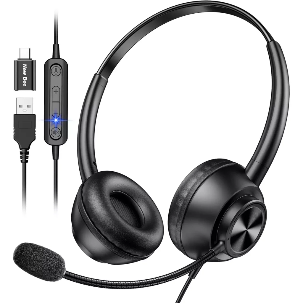 New Bee H368 USB Computer Call Center Headset in-Line Call Controls with Noise Cancelling Micphone
