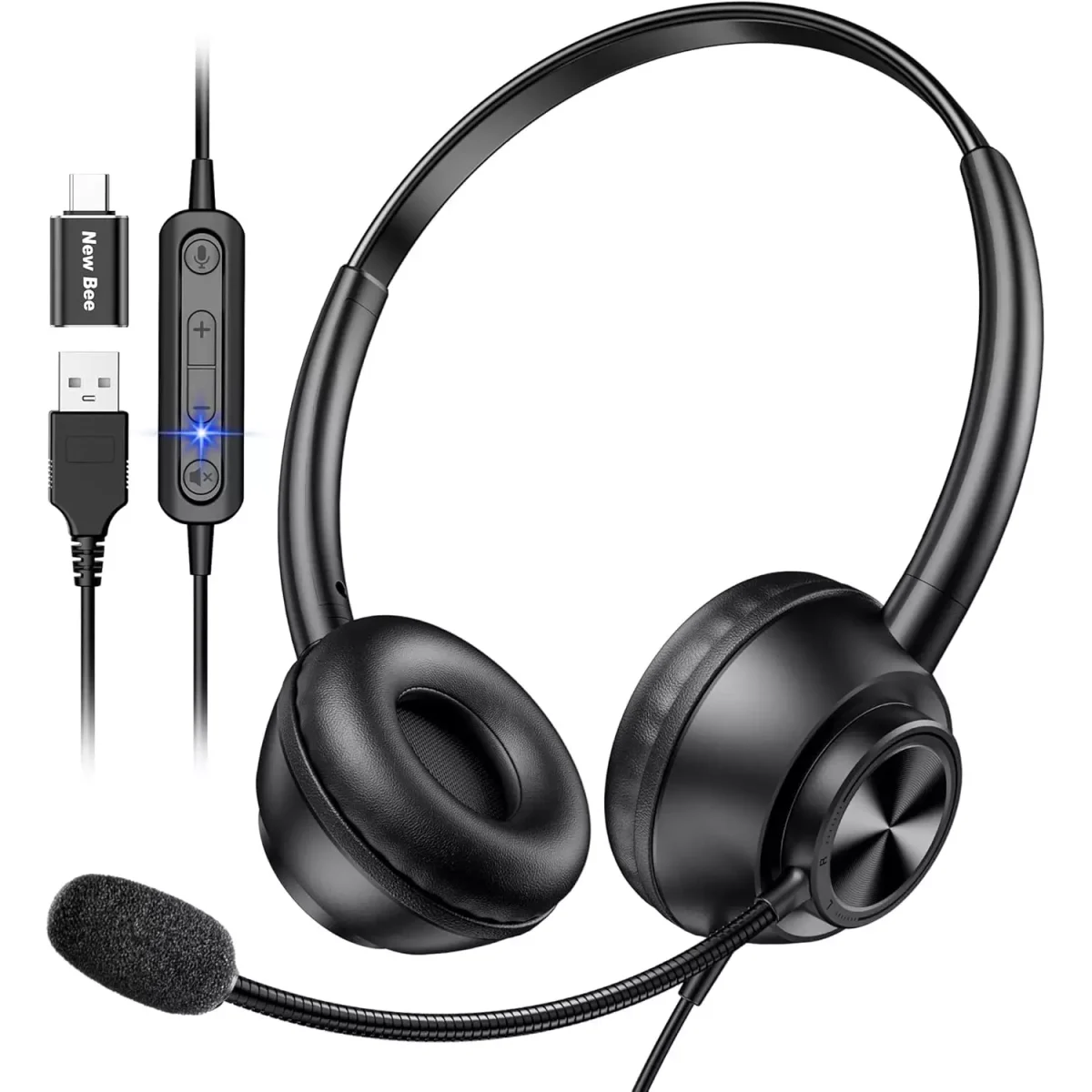 New Bee H368 USB Computer Call Center Headset in-Line Call Controls with Noise Cancelling Micphone