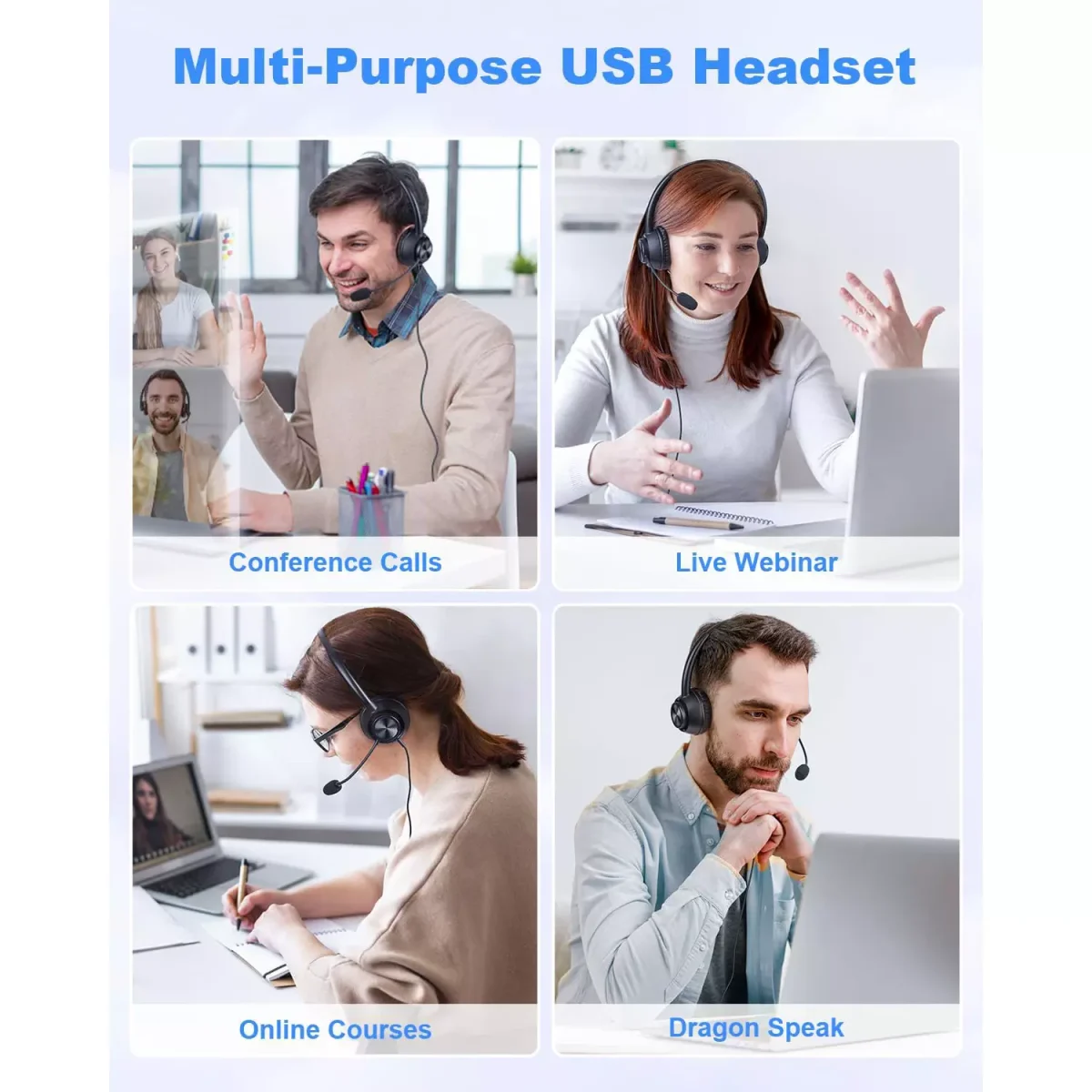 New Bee H368 USB Computer Call Center Headset in-Line Call Controls with Noise Cancelling Micphone