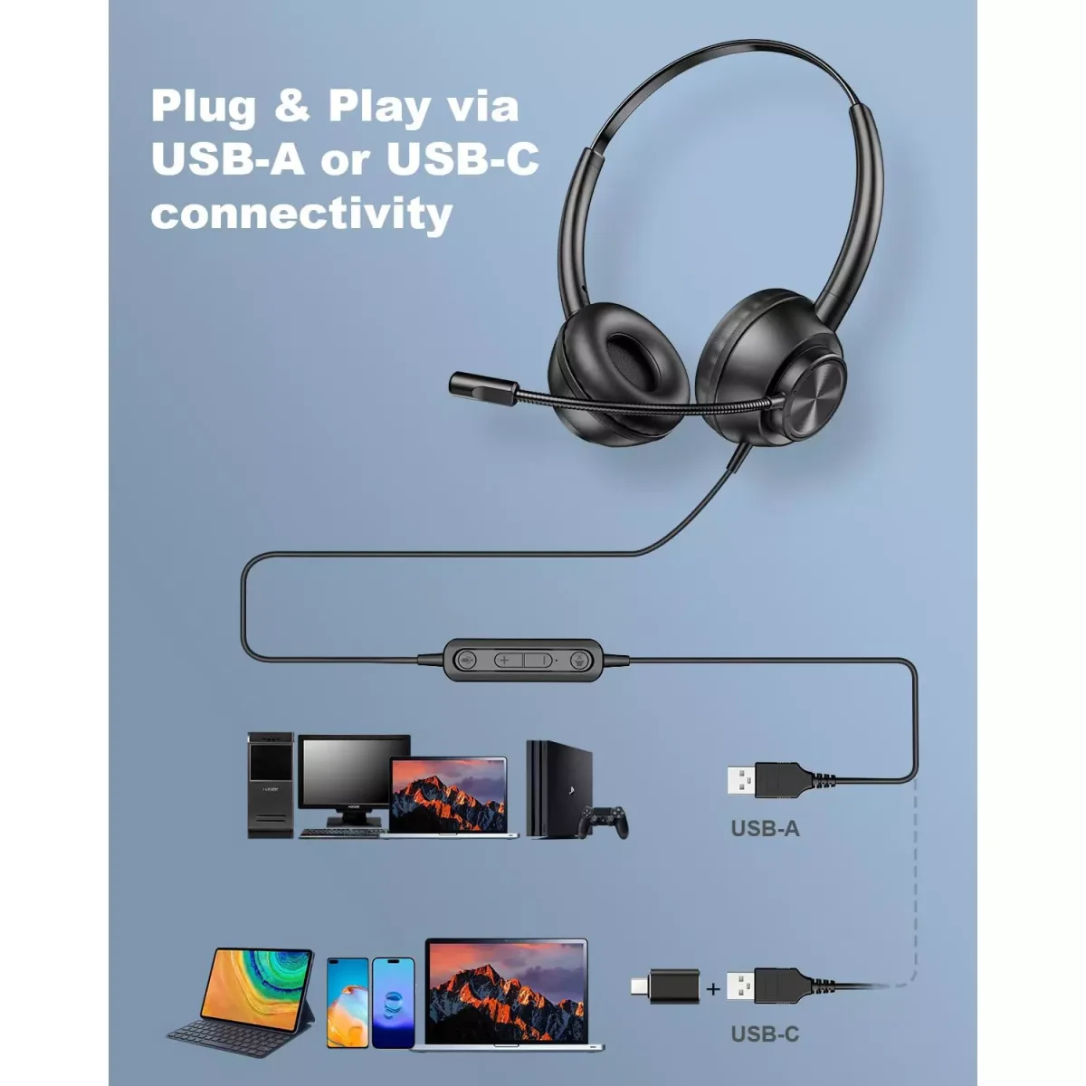 New Bee H368 USB Computer Call Center Headset in-Line Call Controls with Noise Cancelling Micphone