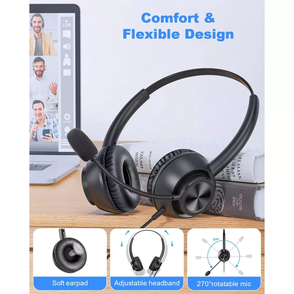 New Bee H368 USB Computer Call Center Headset in-Line Call Controls with Noise Cancelling Micphone