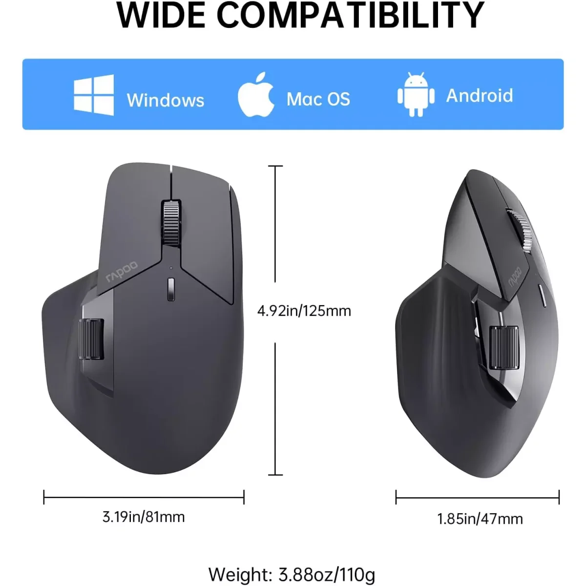 Rapoo MT760 Wireless Mouse, Bluetooth 5.0 and 2.4G Up to 4 Devices, 11 Programmable Buttons 4000 DPI