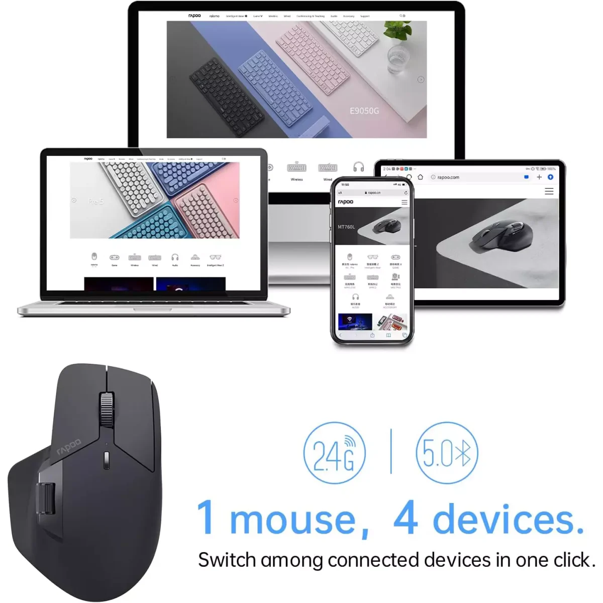 Rapoo MT760 Wireless Mouse, Bluetooth 5.0 and 2.4G Up to 4 Devices, 11 Programmable Buttons 4000 DPI