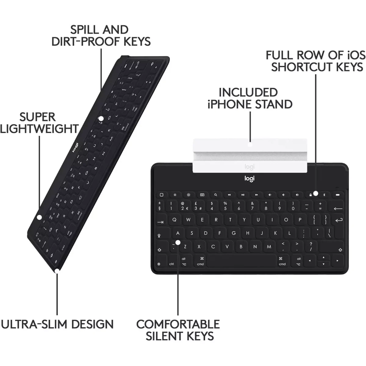 Logitech Keys-To-Go Wireless Bluetooth Keyboard For iPhone, iPad, Smartphone, Tablet, Windows, Apple TV