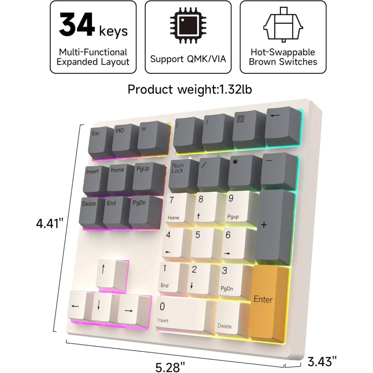 Magicforce MF34 RGB Mechanical Number Pad, Brown Switch Hot-Swappable