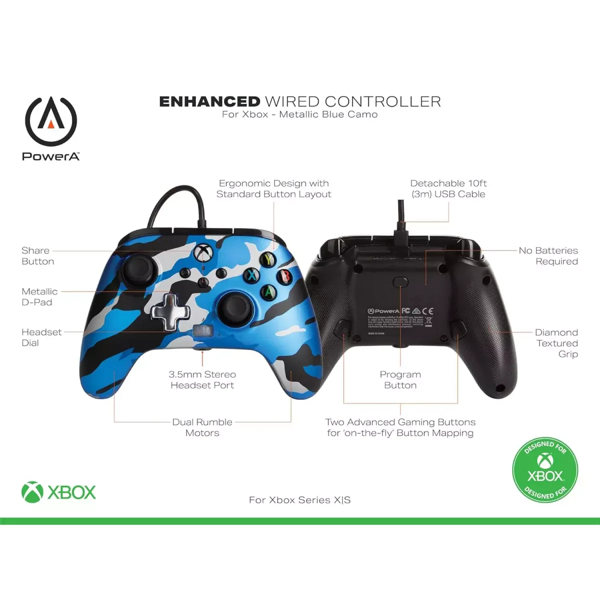 PowerA Enhanced Wired Gamepad For Xbox Series X|S, One Windows 10/11 (Army Blue)
