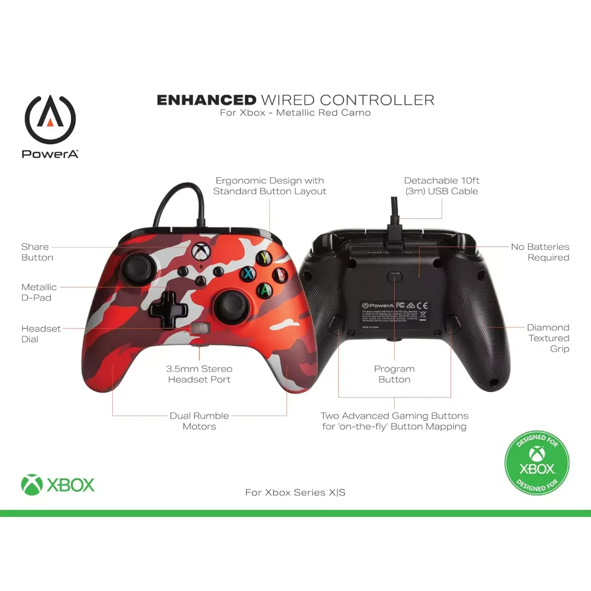 PowerA Enhanced Wired Gamepad For Xbox Series X|S, One Windows 10/11 (Army Red)