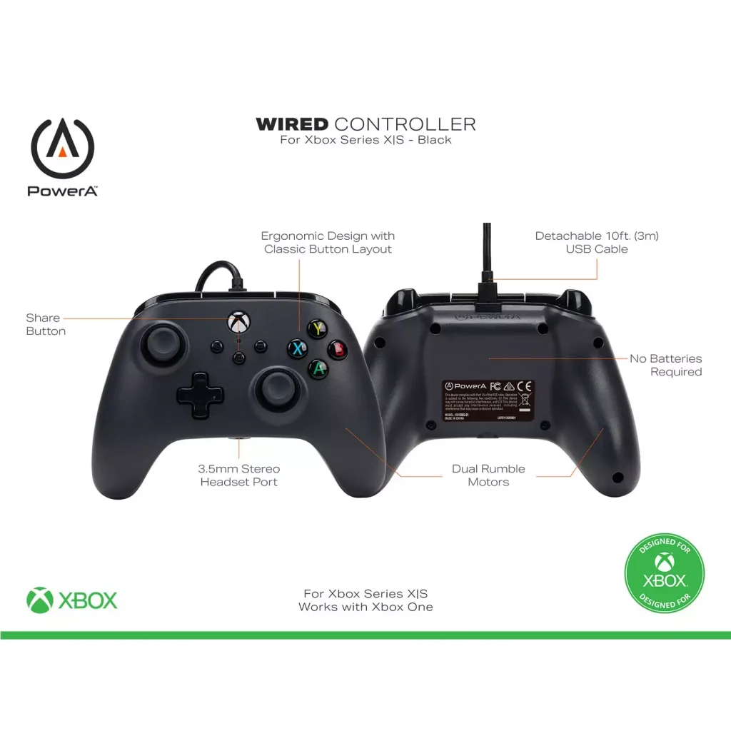 PowerA Wired Gamepad For Xbox Series X|S, One Windows 10/11 (Black)
