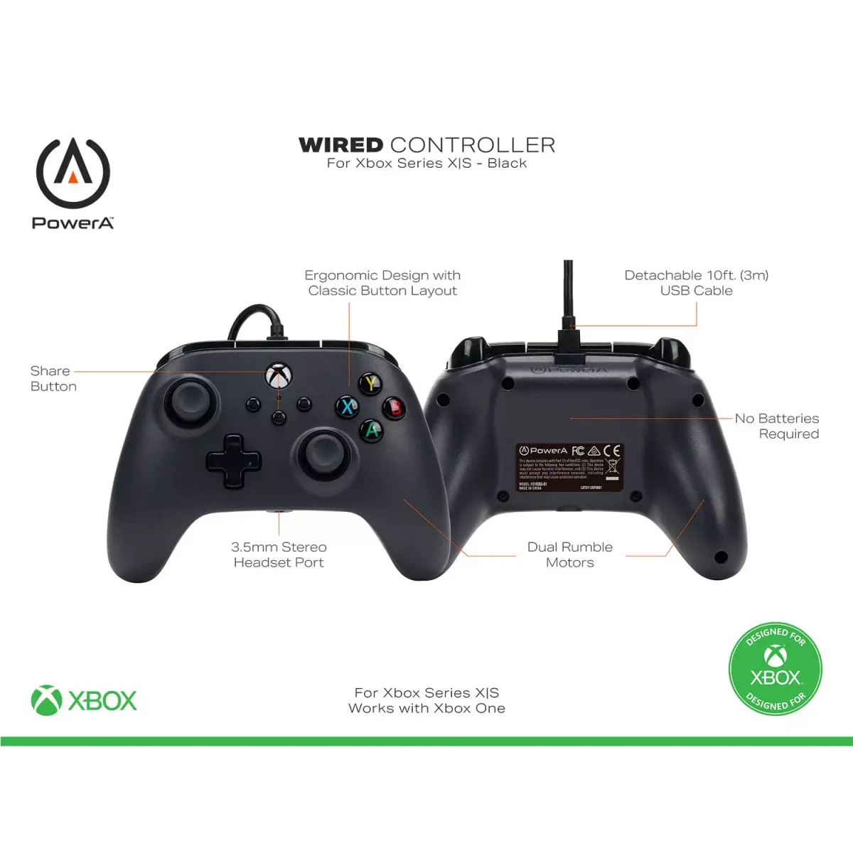 PowerA Wired Gamepad For Xbox Series X|S, One Windows 10/11 (Black)