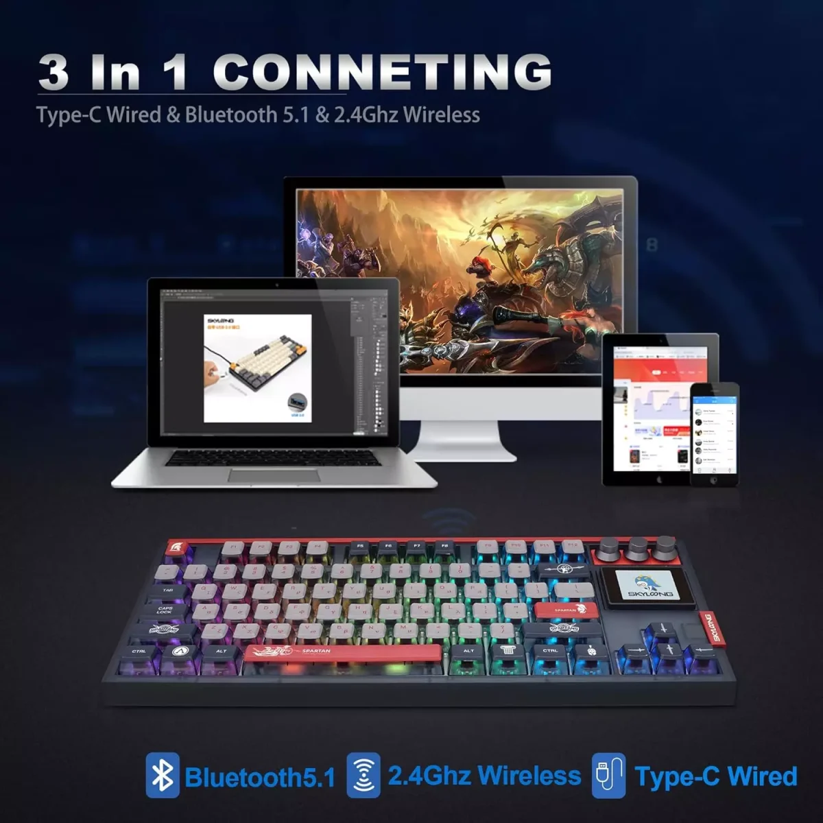 SKYLOONG GK87 PRO RGB Gaming Mechanical Keyboard - Three Mode Wireless,Bluetooth & Wired - Gateron Yellow Switch - Hot Swappable (Spartan)