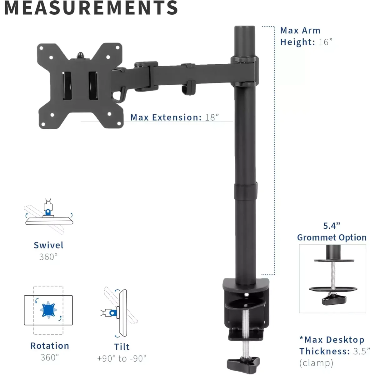 Single Monitor Desk Mount Stand with Double Center Arm Joint, Holds up to 10Kg with VESA 75x75mm or 100x100mm