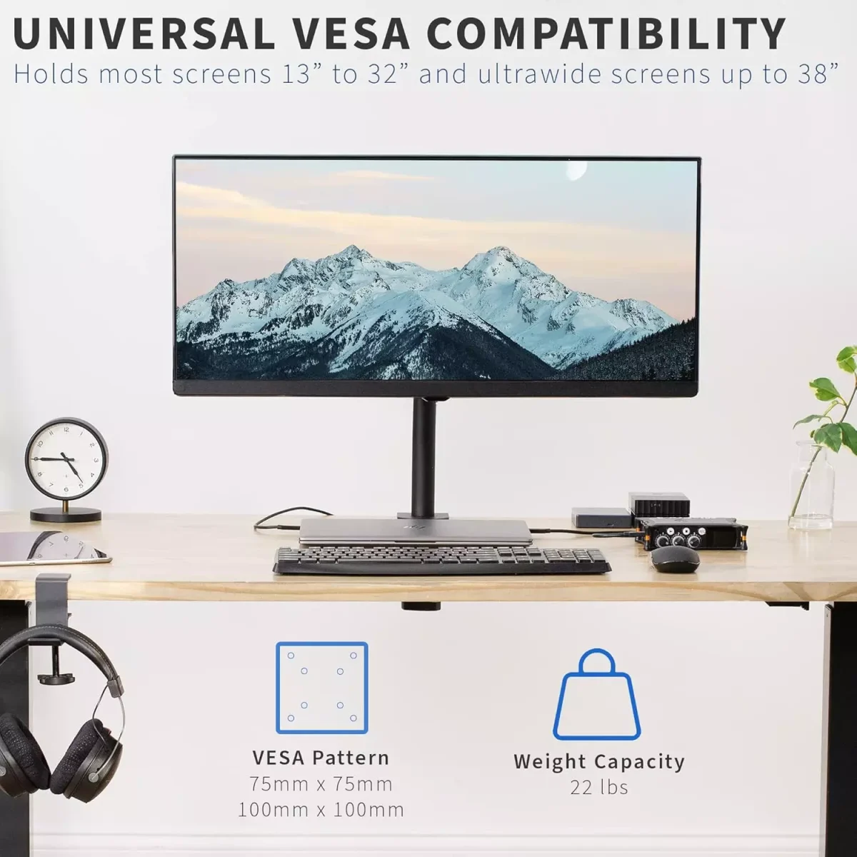 Single Monitor Desk Mount Stand with Double Center Arm Joint, Holds up to 10Kg with VESA 75x75mm or 100x100mm