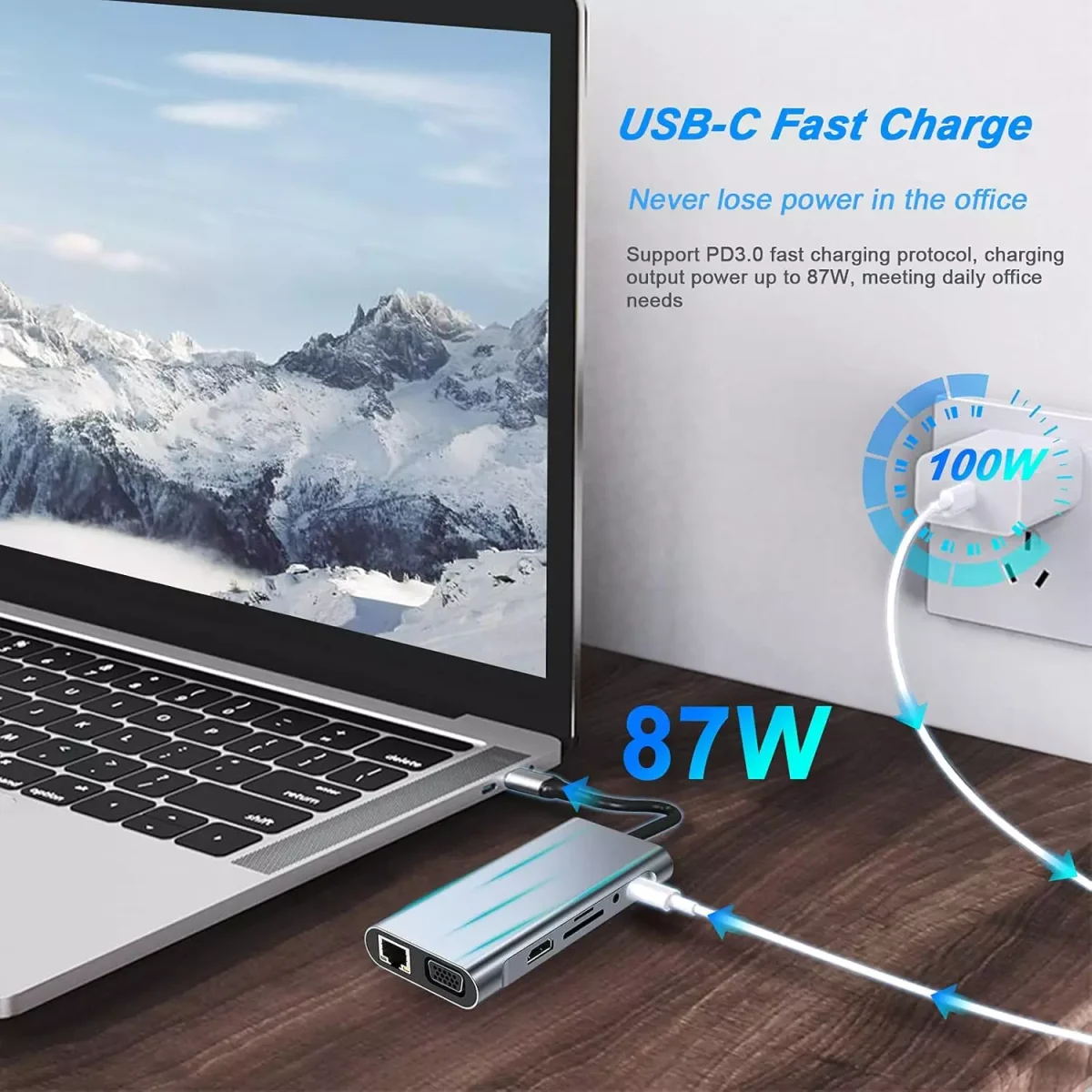 USB C HUB 11 in 1 with 4K HDMI, VGA, Type C PD, USB3.0, RJ45 Ethernet, SD/TF Card Reader, 3.5mm AUX