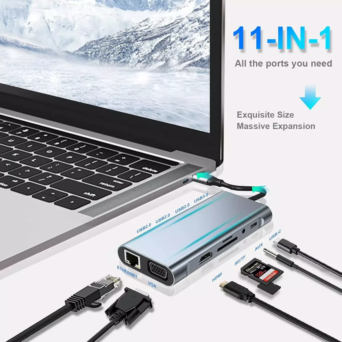 USB C HUB 11 in 1 with 4K HDMI, VGA, Type C PD, USB3.0, RJ45 Ethernet, SD/TF Card Reader, 3.5mm AUX