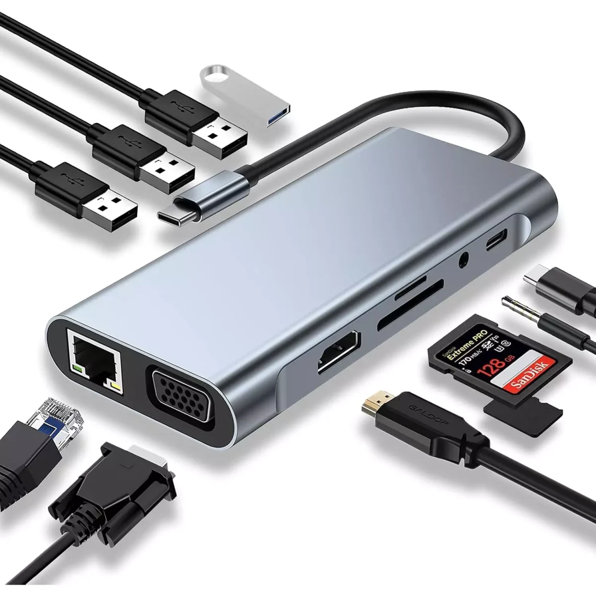USB C HUB 11 in 1 with 4K HDMI, VGA, Type C PD, USB3.0, RJ45 Ethernet, SD/TF Card Reader, 3.5mm AUX