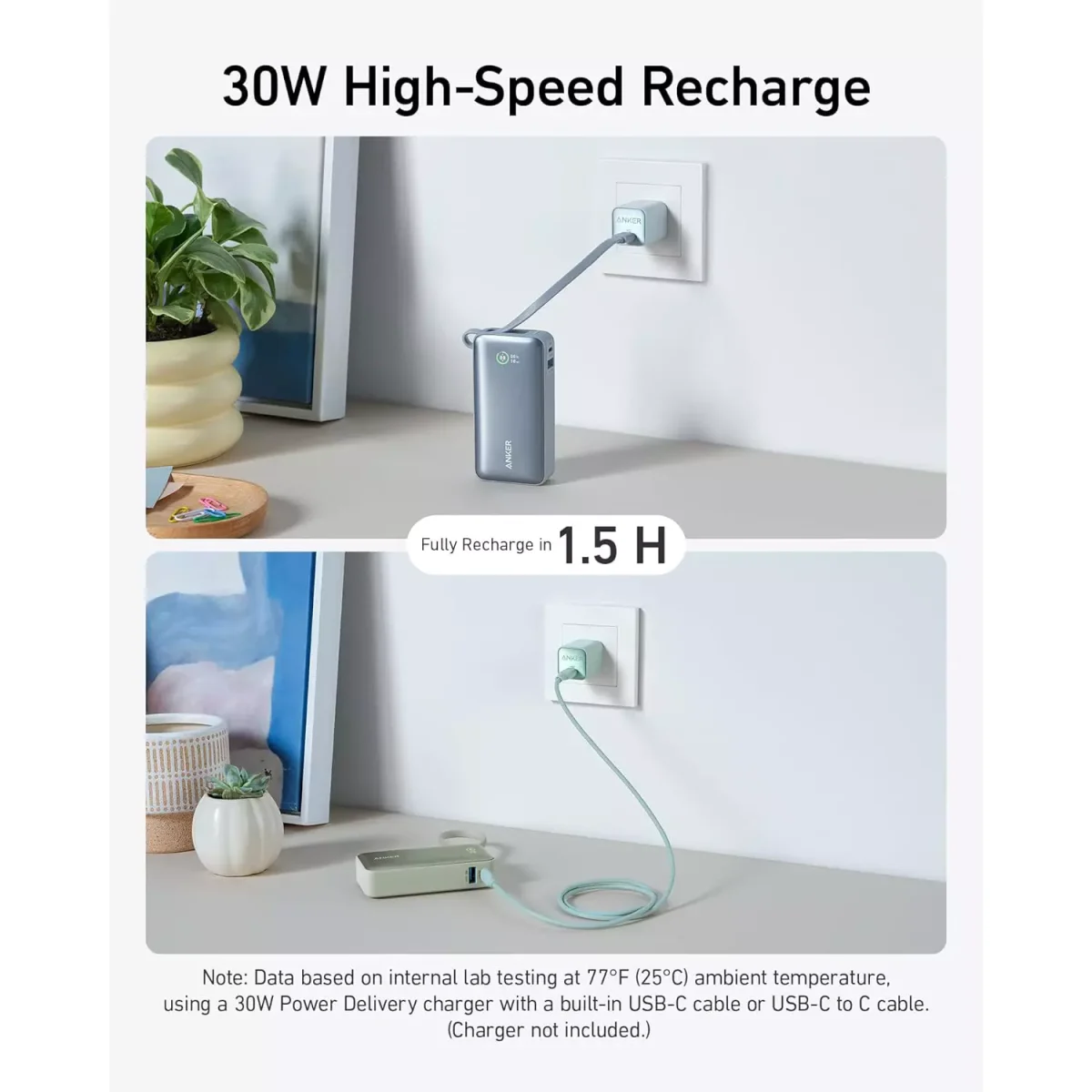 Anker Nano Power Bank, 10,000mAh Portable Charger with Built-in USB-C Cable, 30W Recharging, 30W Max Output with 1 USB-C, 1 USB-A