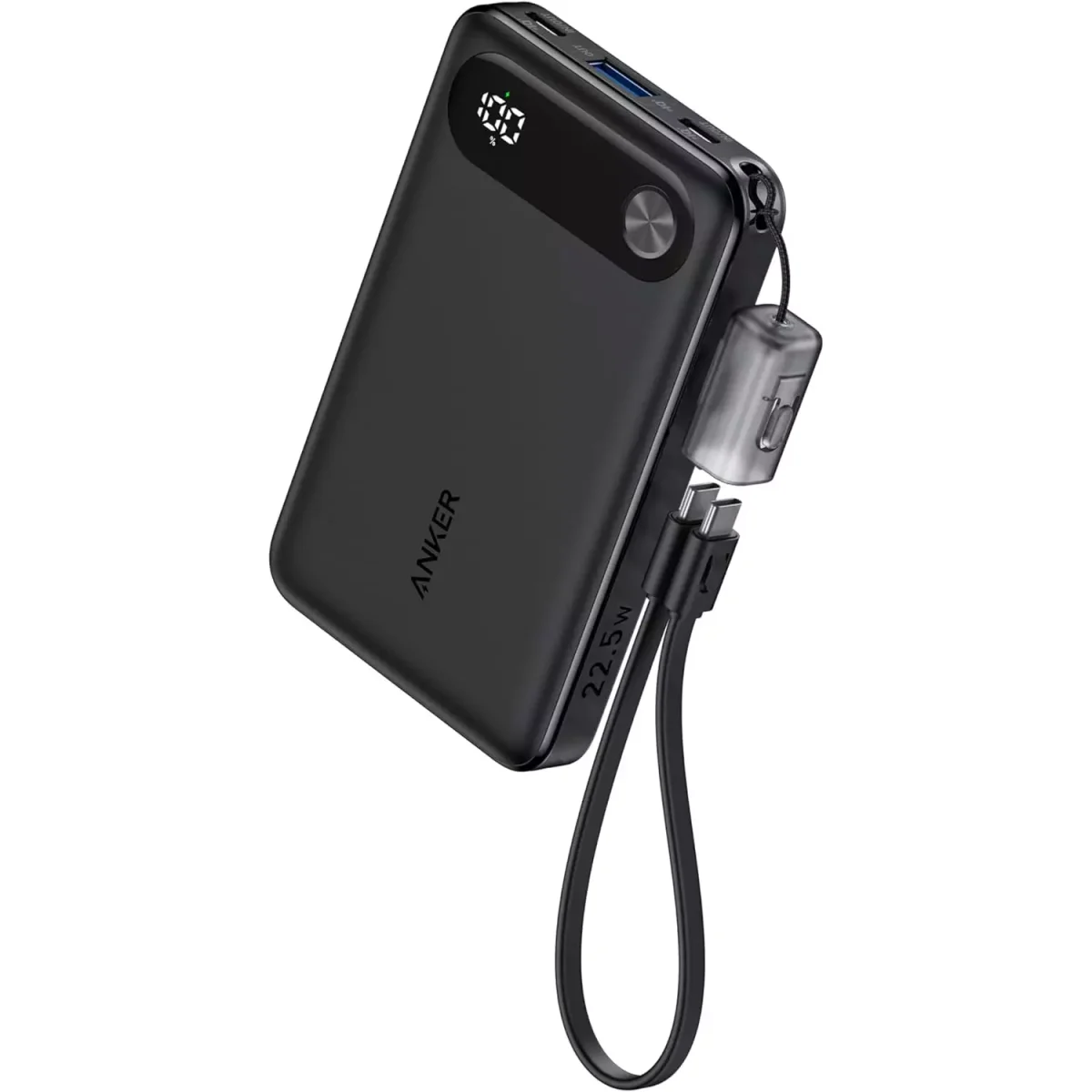 Anker Power Bank, 10,000mAh Portable Charger with Built-in USB-C Cable and Lanyard, 22.5W Max Output with 2 USB-C and 1 USB-A Port