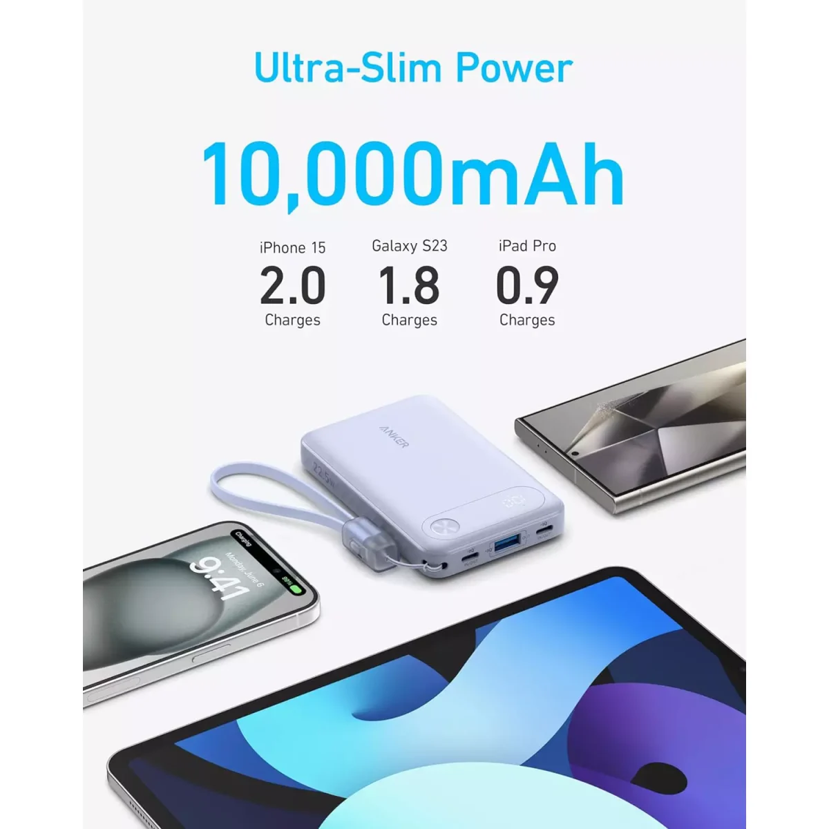 Anker Power Bank, 10,000mAh Portable Charger with Built-in USB-C Cable and Lanyard, 22.5W Max Output with 2 USB-C and 1 USB-A Port