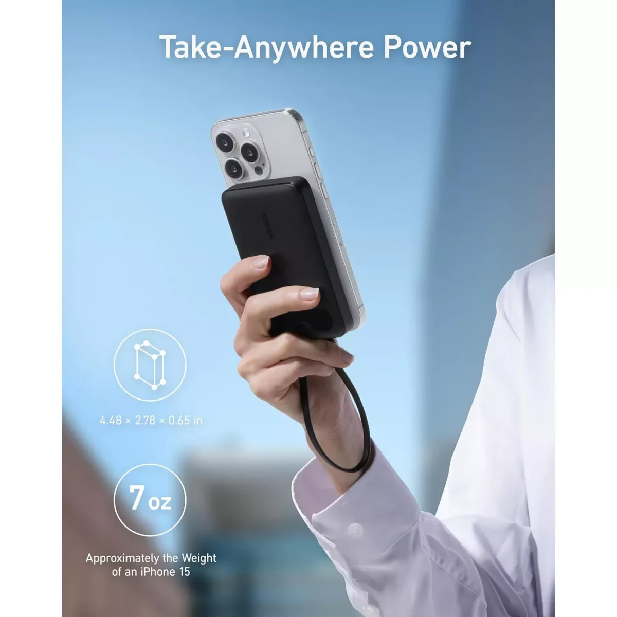Anker Power Bank, 10,000mAh Portable Charger with Built-in USB-C Cable and Lanyard, 22.5W Max Output with 2 USB-C and 1 USB-A Port