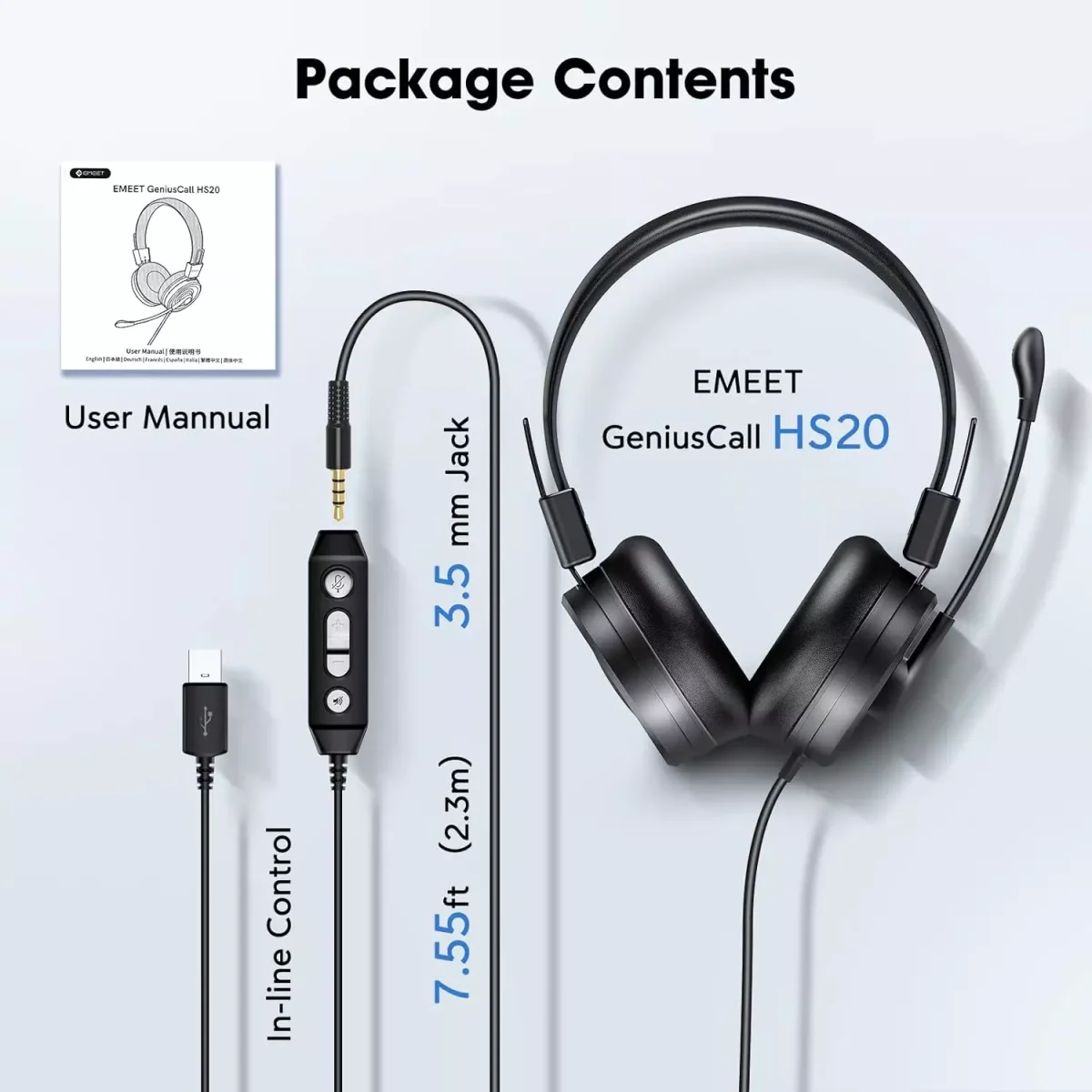EMEET HS20 USB3.5mm Headset with 360° Omni-Directional Microphone, in-Line Control, Mute Button