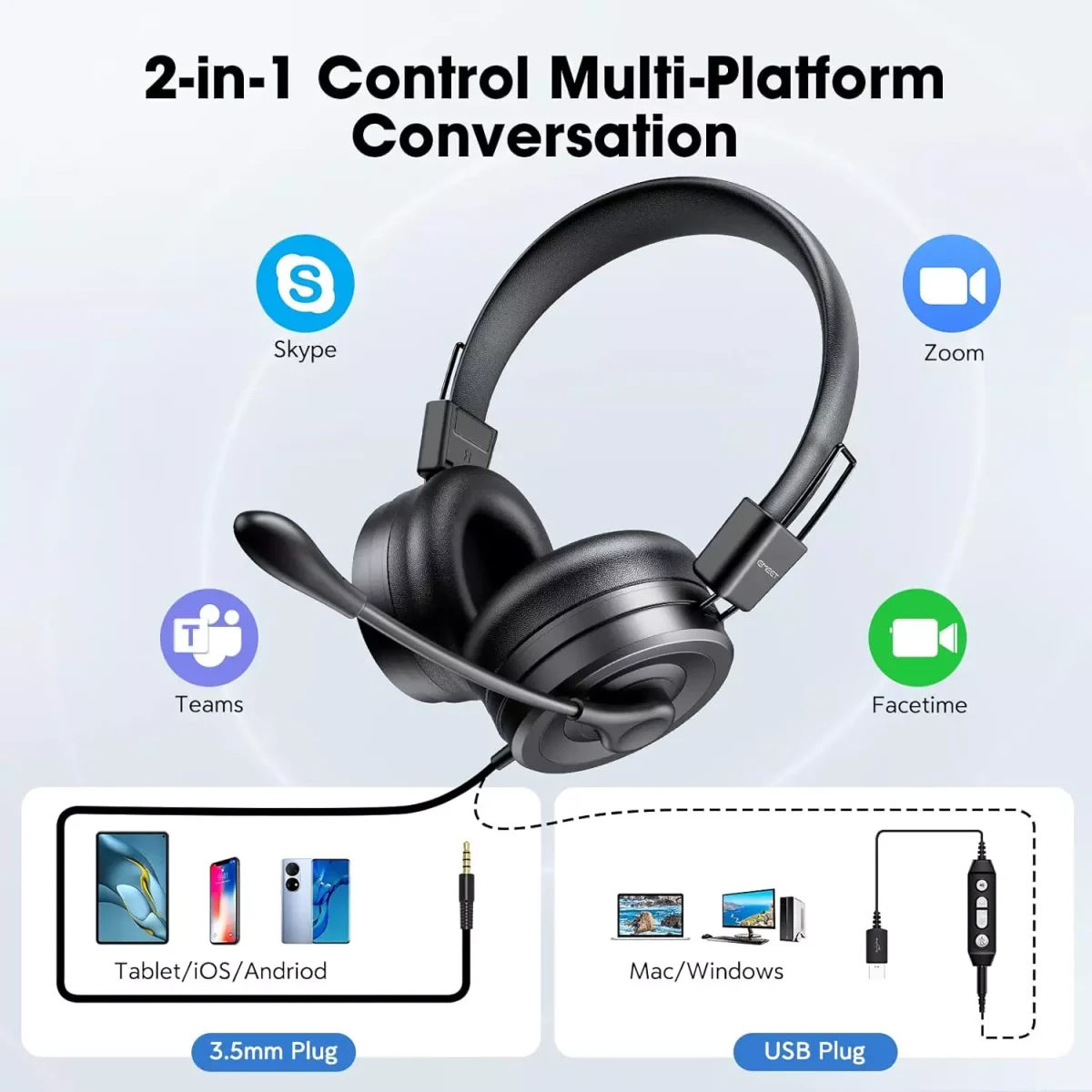 EMEET HS20 USB3.5mm Headset with 360° Omni-Directional Microphone, in-Line Control, Mute Button