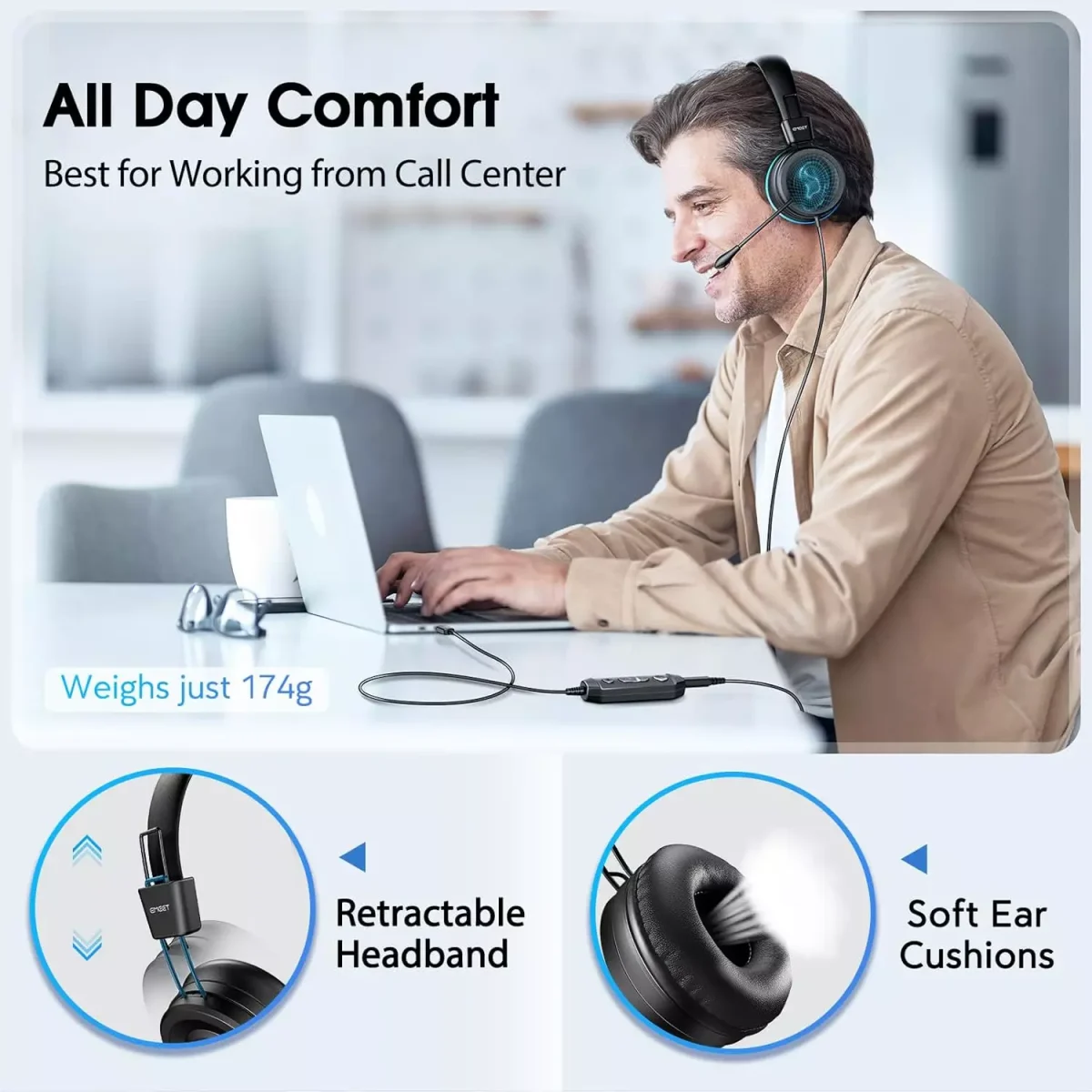 EMEET HS20 USB3.5mm Headset with 360° Omni-Directional Microphone, in-Line Control, Mute Button