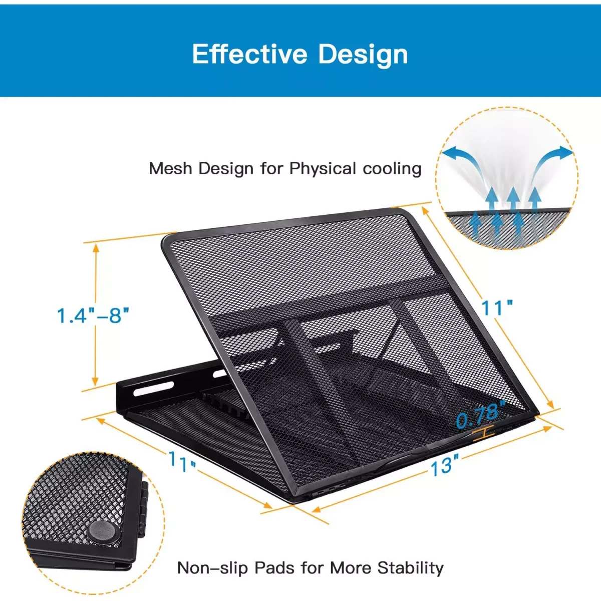 Mesh Metal Adjustable Laptop Stand for Desk, Fits Up to 15.6 inch Notebook, Mesh Ventilated Laptop Cooling Stand with 8 Tilt Levels