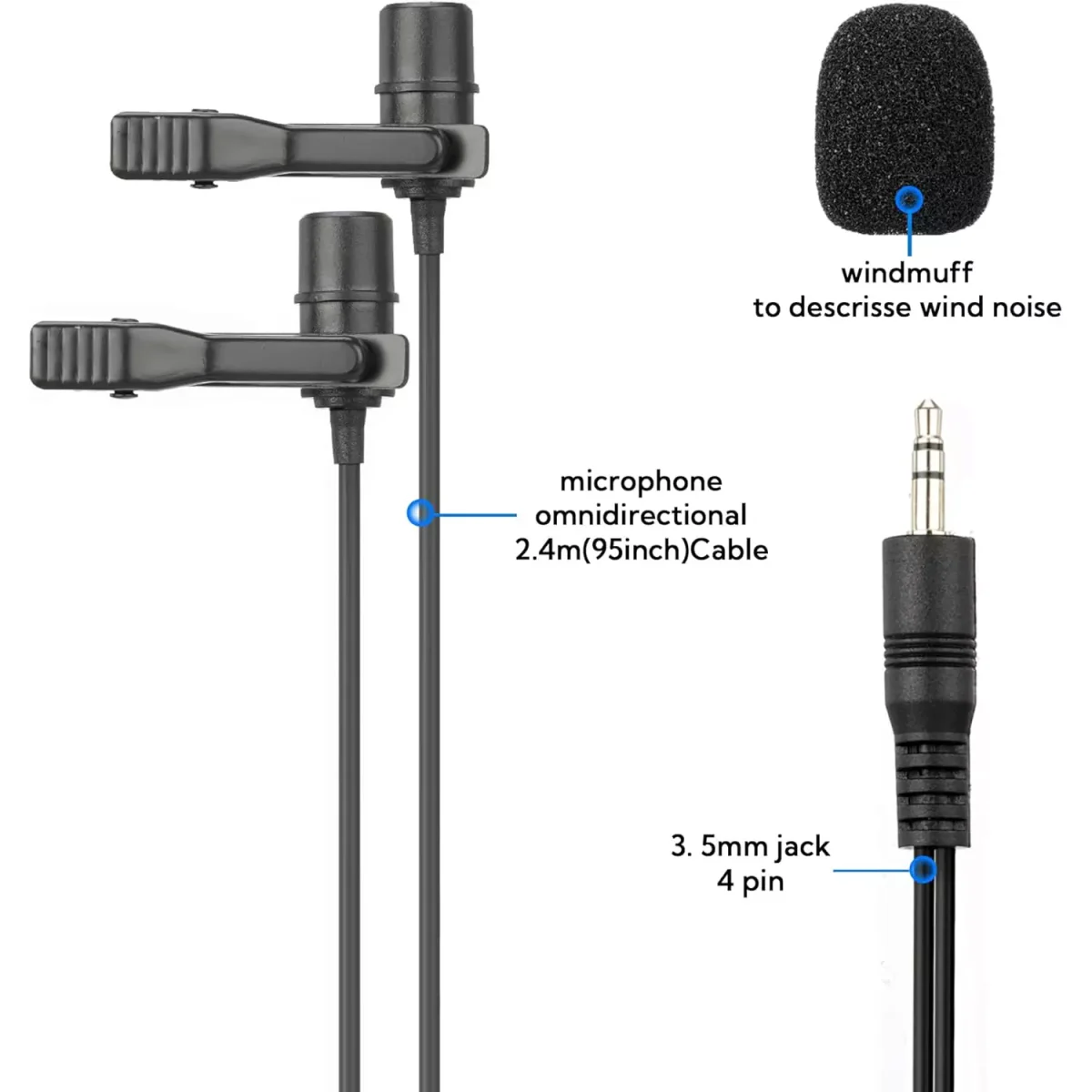 Mouriv CM208 Omnidirectional Dual Lavalier Microphone Clip-on Lapel Mic for iPhone Android & Windows Smartphones PC DSLR Cameras Audio Recorders, YouTube, Interview, Studio, Video Recording (6 Meter)