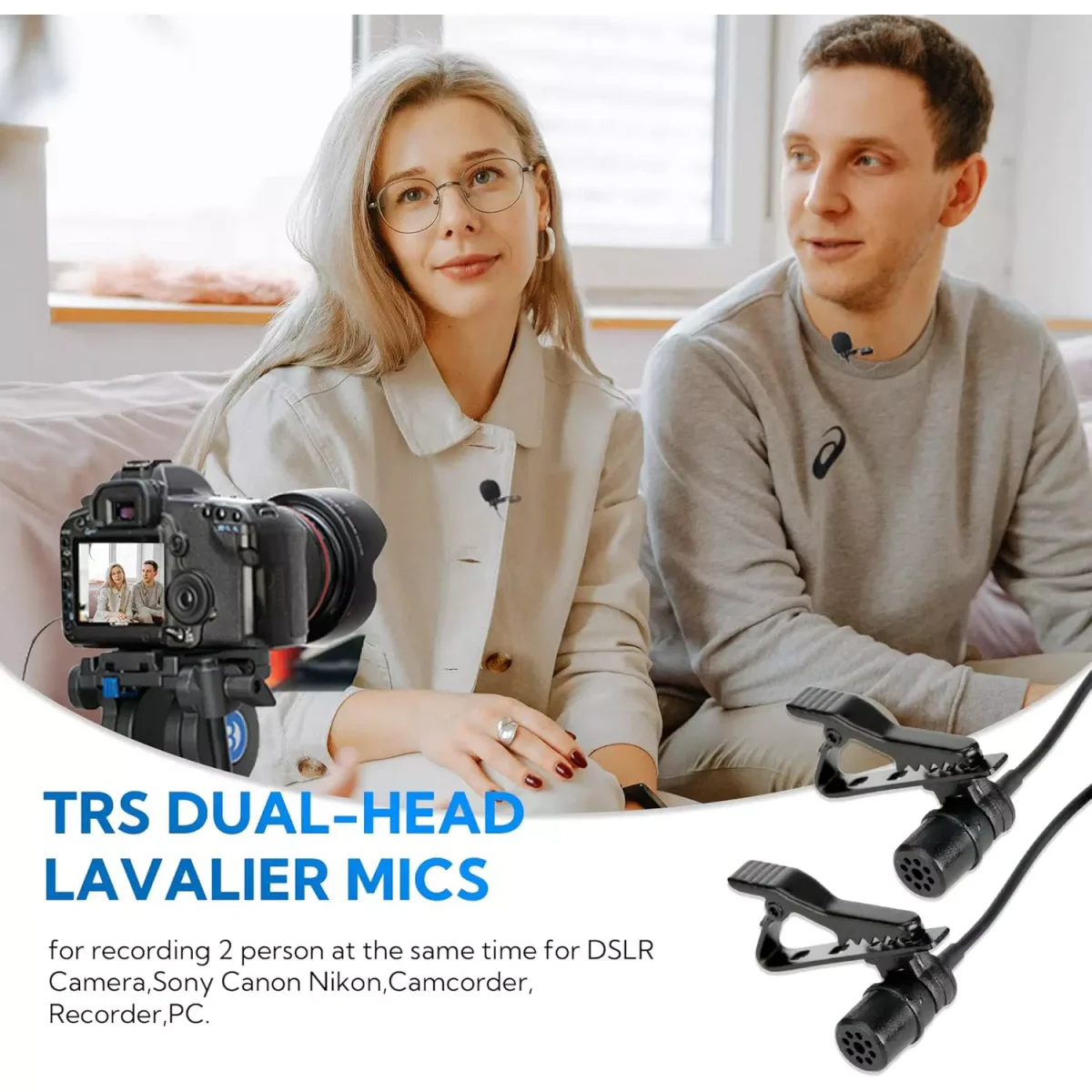 Mouriv CM208 Omnidirectional Dual Lavalier Microphone Clip-on Lapel Mic for iPhone Android & Windows Smartphones PC DSLR Cameras Audio Recorders, YouTube, Interview, Studio, Video Recording (6 Meter)