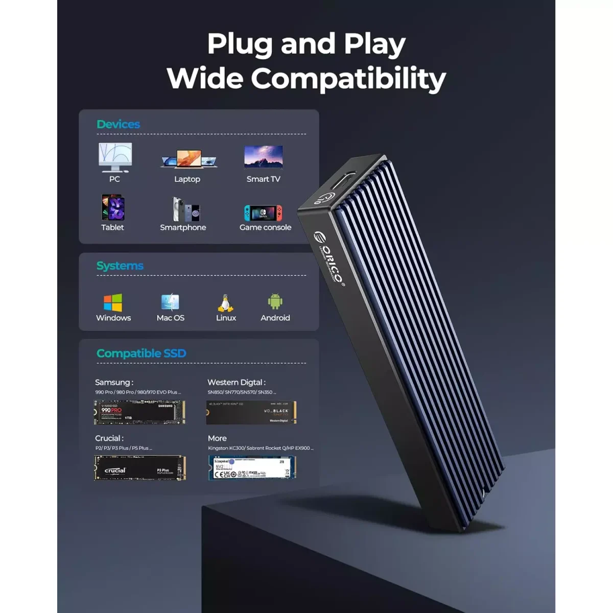 ORICO M.2 NVMe SSD Enclosure, USB 3.1 Gen 2 (10 Gbps) to NVMe PCI-E M.2 SSD Case Support UASP for NVMe SSD Size 2230224222602280(up to 4TB)