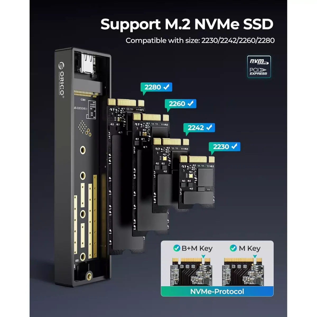 ⁦ORICO M.2 NVMe SSD Enclosure, USB 3.1 Gen 2 (10 Gbps) to NVMe PCI-E M.2 SSD Case Support UASP for NVMe SSD Size 2230/2242/2260/2280(up to 4TB)⁩ - الصورة ⁦7⁩