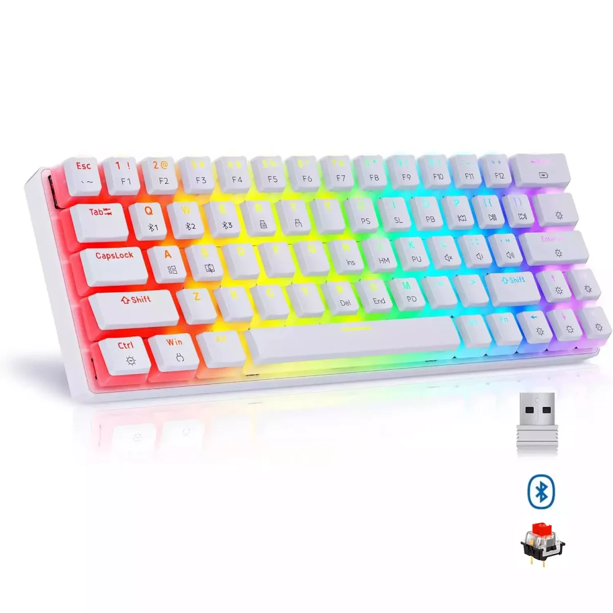 Tezarre TK63 3 Mode Wireless, Bluetooth, Wired RGB Keyboard - Hot Swappable Optical Gateron Red Switch - Pudding Keycaps (White)