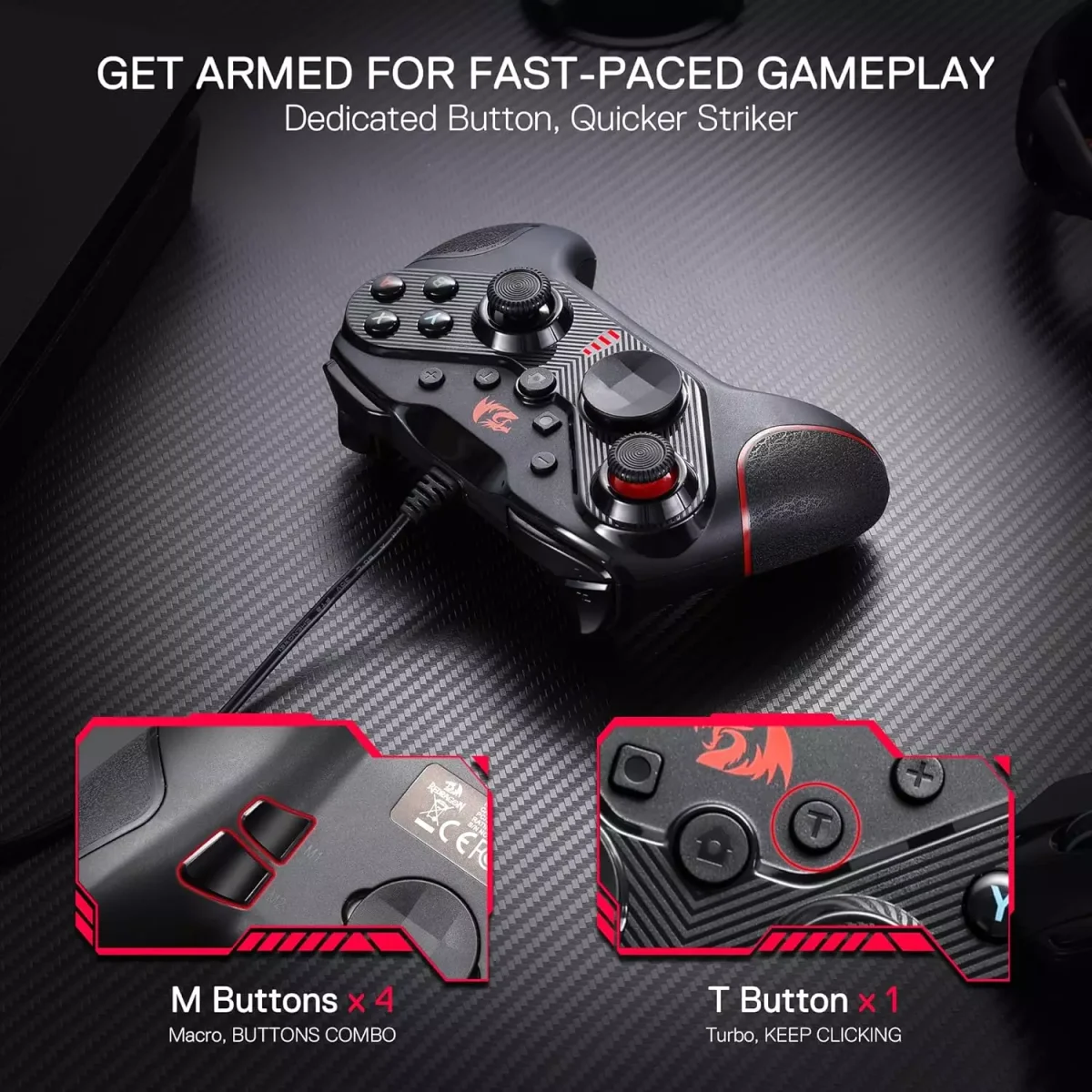 Redragon G710 RIFT Wired Gaming Controller - Dual Vibration Motors, Rapid Trigger, Ergonomic Design, 4 Programmable Keys, Customizable Macros, Adjustable Joystick Heights - Work for PC & Android & NS