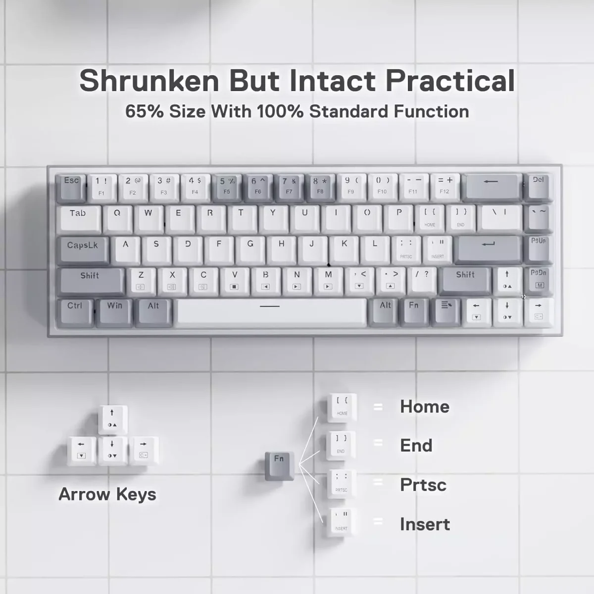 Redragon K631 CASTOR 65% Wired RGB Gaming Keyboard, Quiet Red Switch (White Grey)