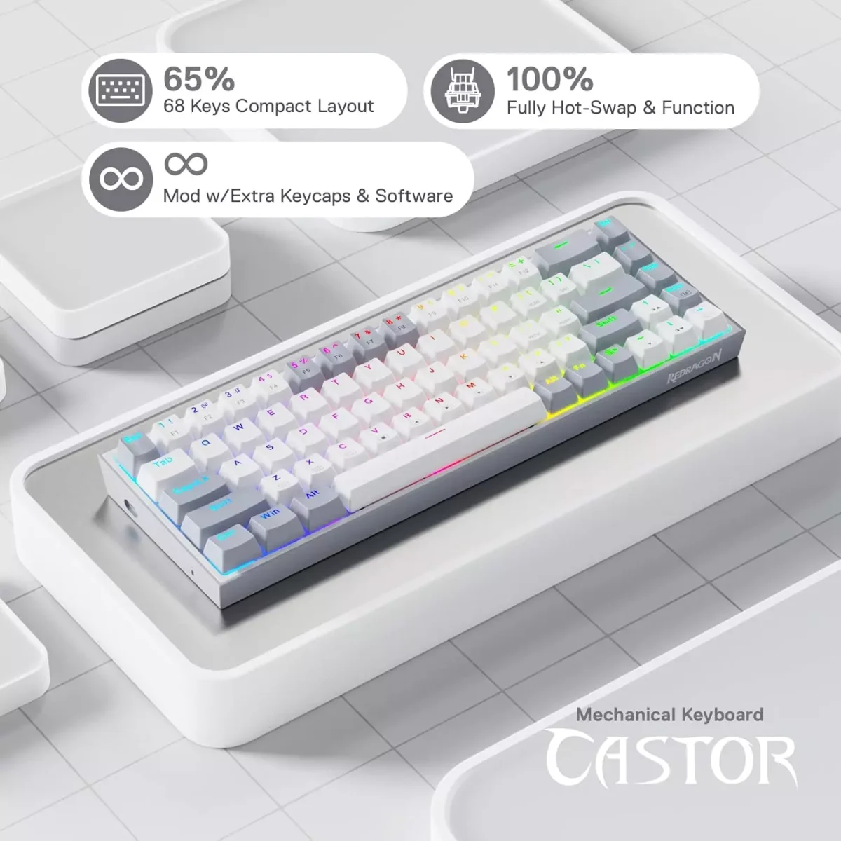 Redragon K631 CASTOR 65% Wired RGB Gaming Keyboard, Quiet Red Switch (White Grey)