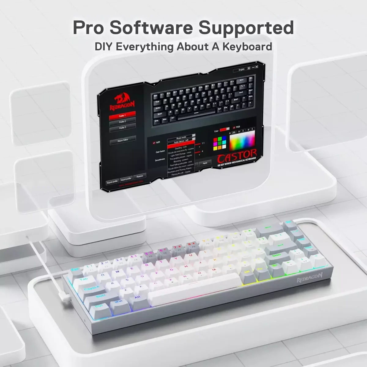 Redragon K631 CASTOR 65% Wired RGB Gaming Keyboard, Quiet Red Switch (White Grey)