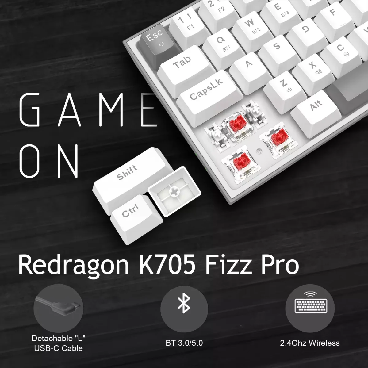 Redragon K705 LENA PRO 65% 3 Mode Wireless,Bluetooth & Wired Rainbow Gaming Keyboard, Quiet Red Switch (White Grey)