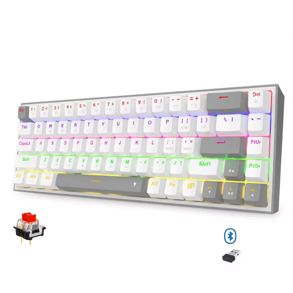Redragon K705 LENA PRO 65% 3 Mode Wireless,Bluetooth & Wired Rainbow Gaming Keyboard, Quiet Red Switch (White Grey)