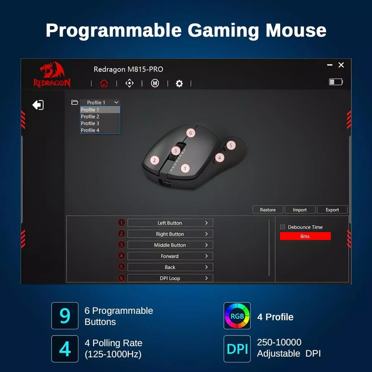Redragon M815 NEVA PRO 3-Mode Wireless Gaming Mouse, Ultra-Light 26K DPI - Lightweight 54G, 1000Hz Polling rate