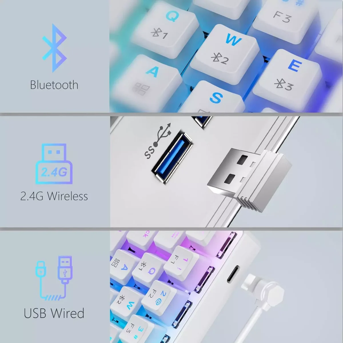 Tezarre TK63 3 Mode Wireless, Bluetooth, Wired RGB Keyboard - Optical Gateron Red Switch (White)
