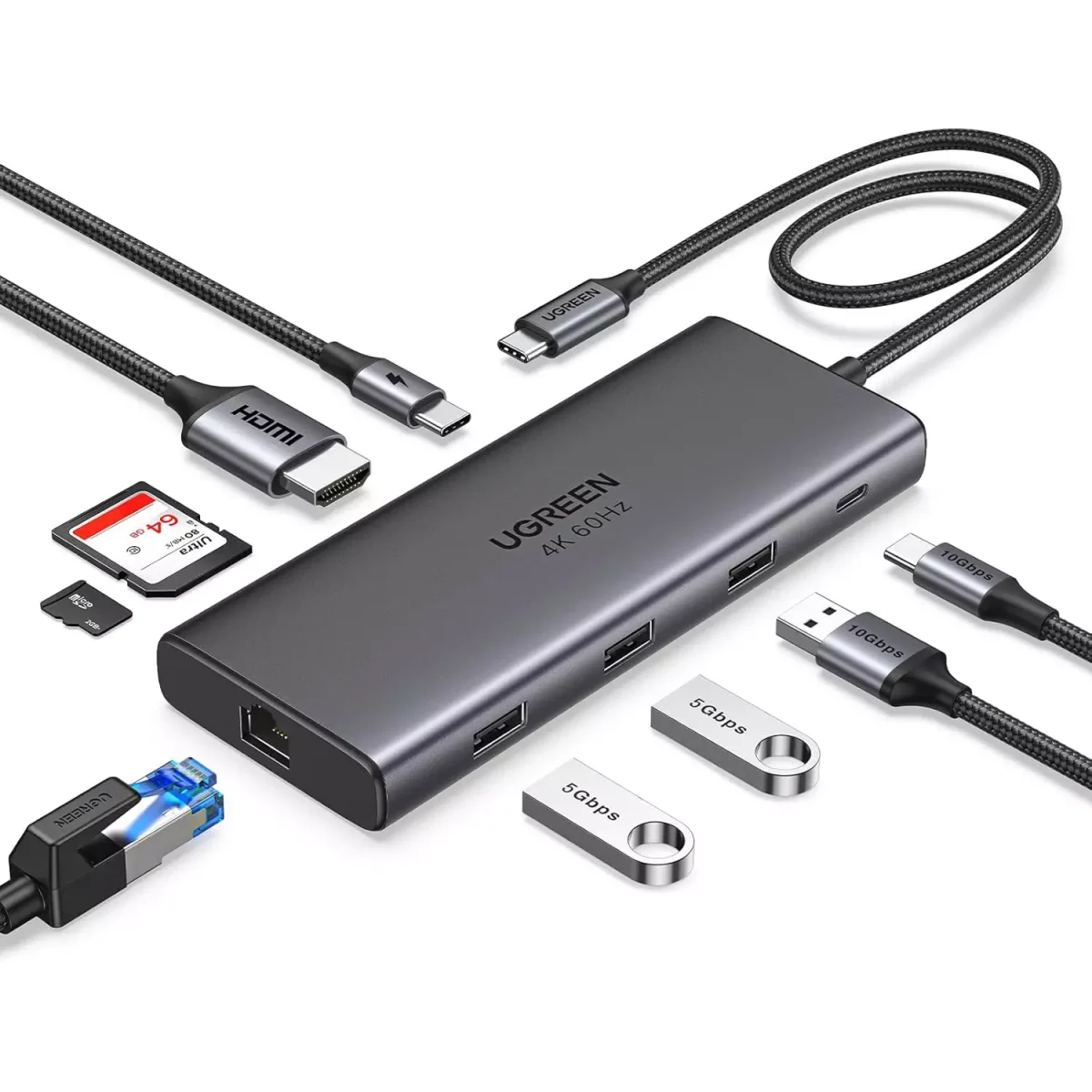 UGREEN USB C Hub 9 in 1 10Gbps USB C 3.2 & USBA 3.2 4K HDMI, 100W Power Delivery, SDTF Card Reader Gigabit Ethernet